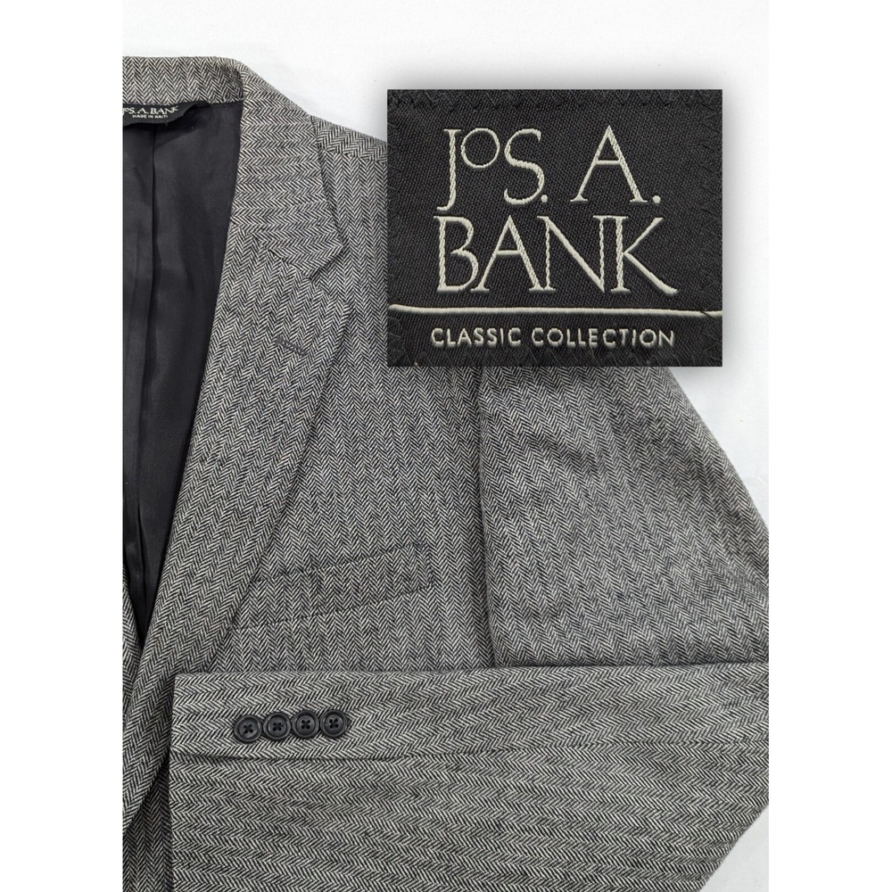 Jos.‎ Bank Blazer Coat Sport Suit Jacket 100% Wool GRAY HERRINGBONE 44R Slim EUC